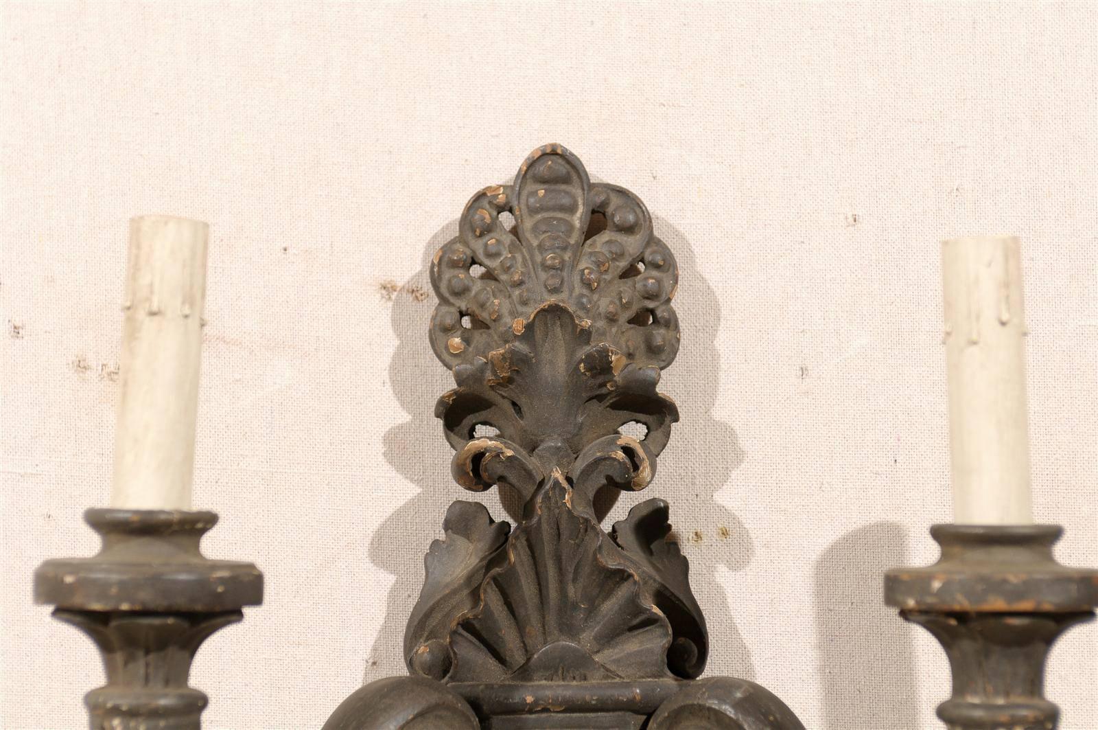 Pair of Italian Two-Light Carved Wood Sconces Featuring Paint over Gesso For Sale 4
