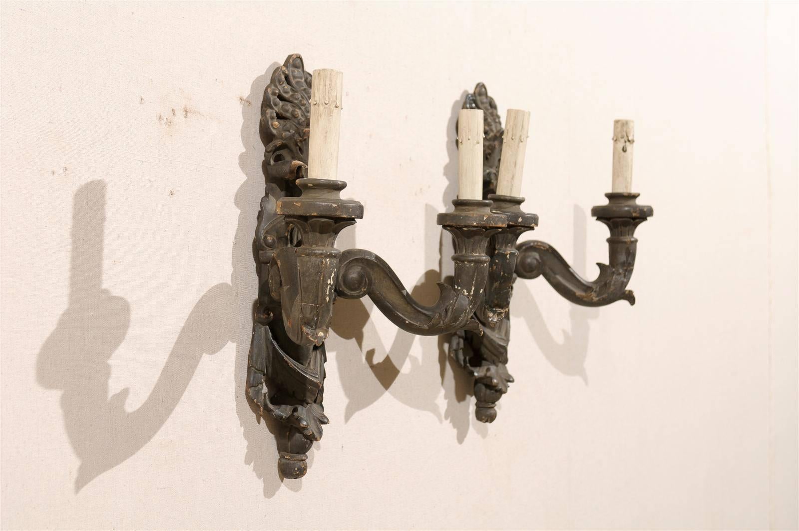 20th Century Pair of Italian Two-Light Carved Wood Sconces Featuring Paint over Gesso For Sale