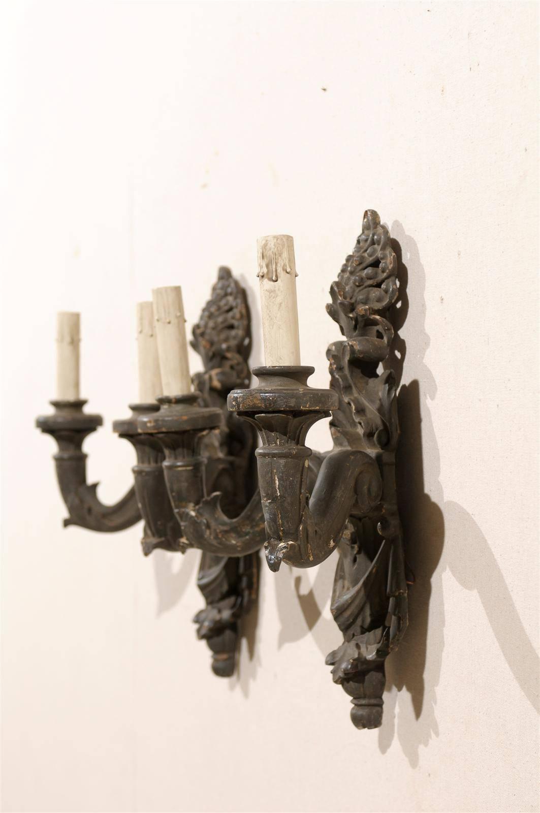 Pair of Italian Two-Light Carved Wood Sconces Featuring Paint over Gesso For Sale 1