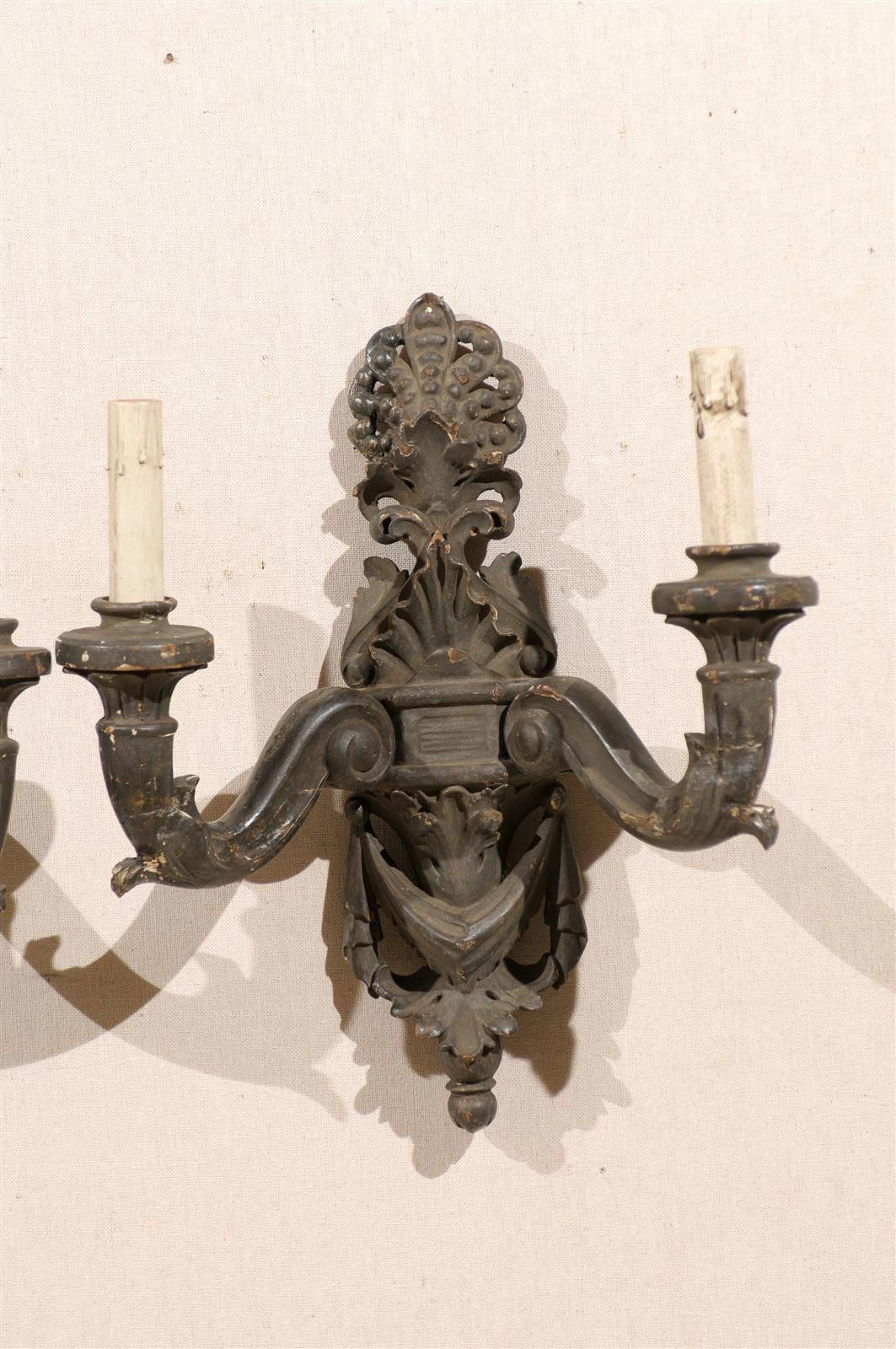Pair of Italian Two-Light Carved Wood Sconces Featuring Paint over Gesso For Sale 3