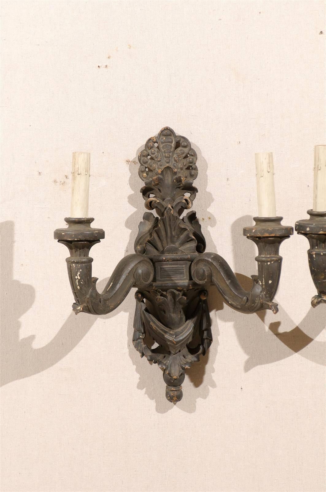 Pair of Italian Two-Light Carved Wood Sconces Featuring Paint over Gesso For Sale 2