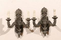 Pair of Italian Wood-Carved Two-Light Sconces w Paint over Gesso