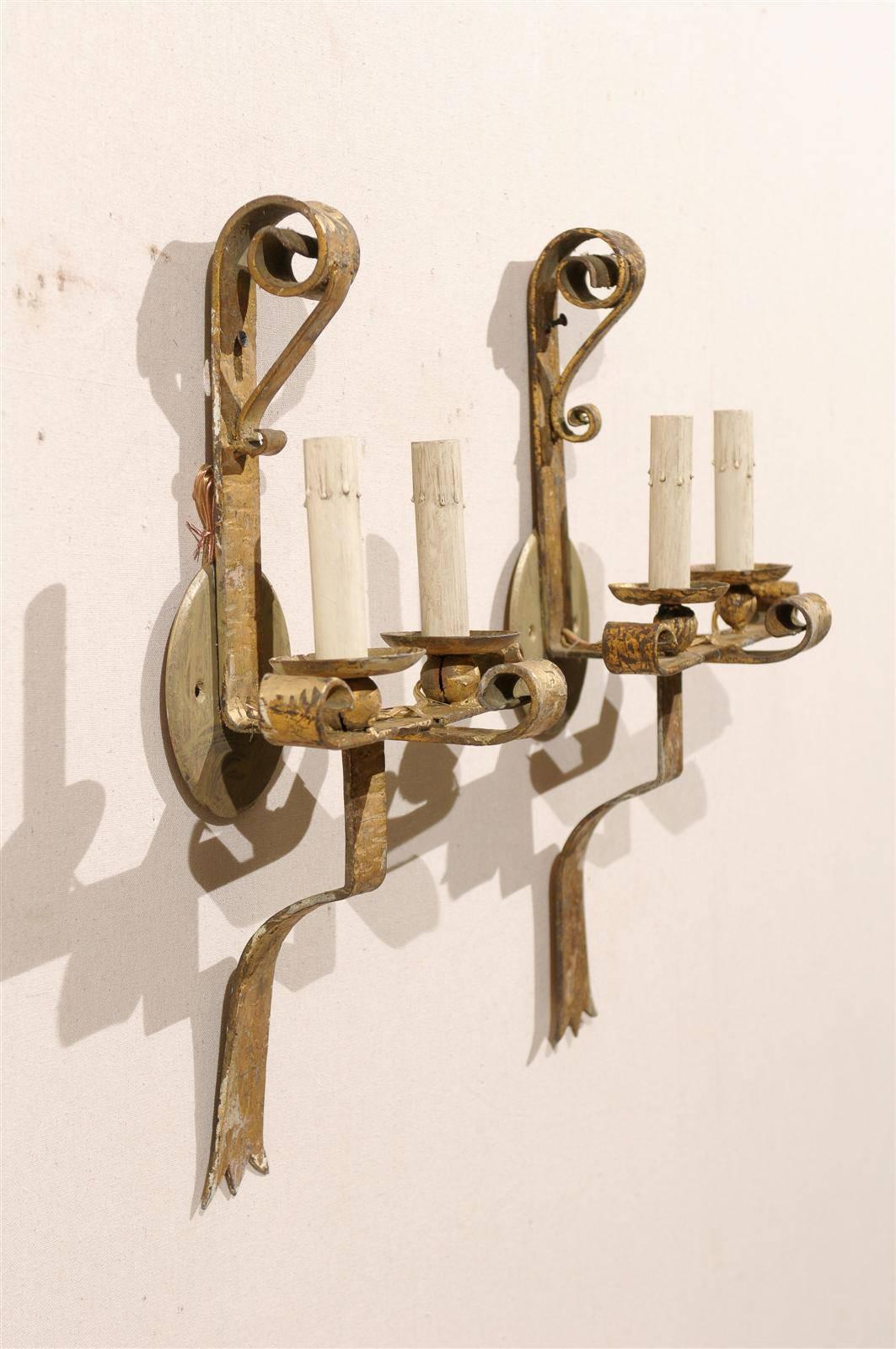 Pair of French Gilt Metal Two-Light Sconces with Volutes at the Top and Scrolls For Sale 1