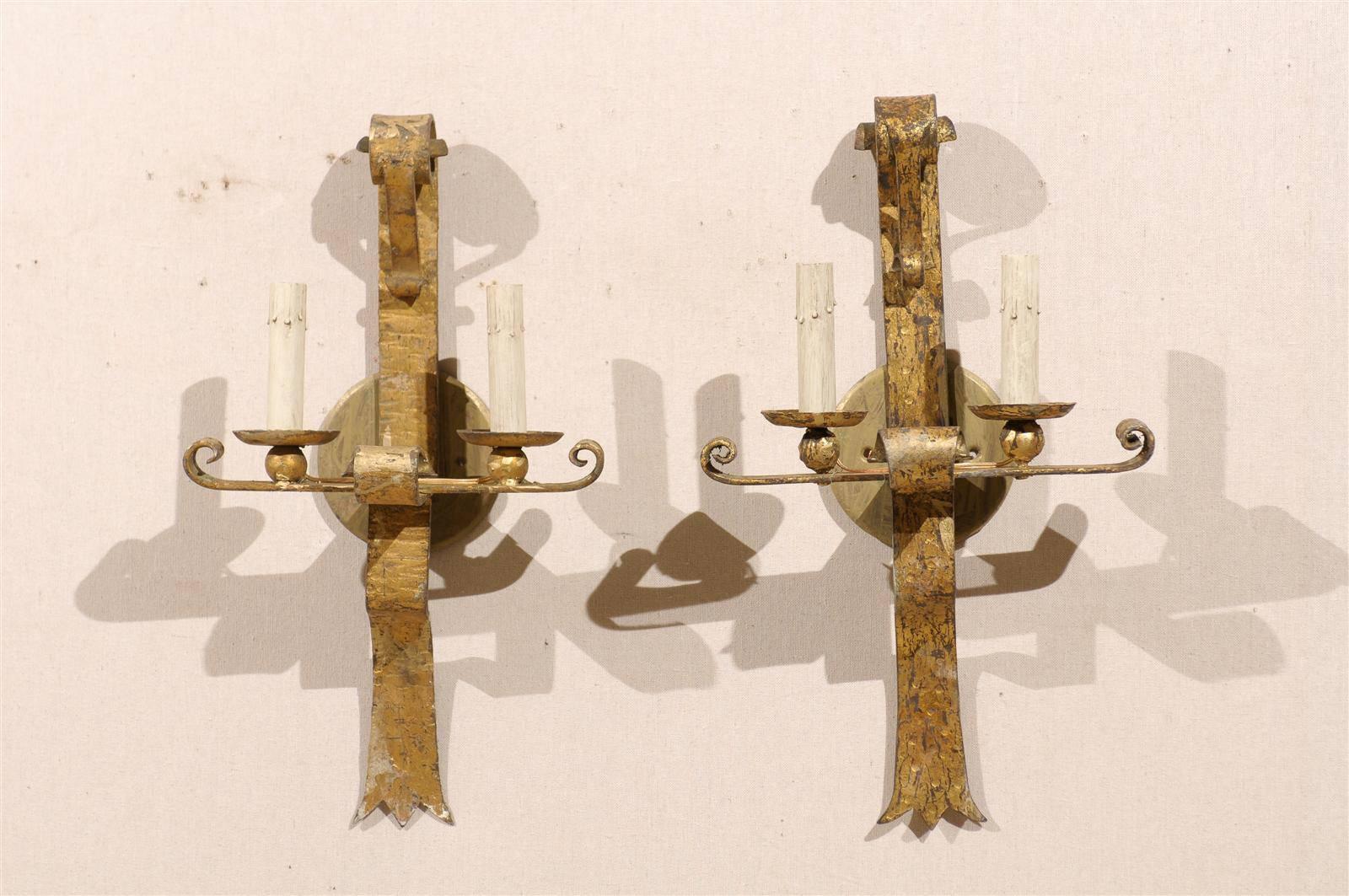 Pair of French Gilt Metal Two-Light Sconces with Volutes at the Top and Scrolls For Sale 5