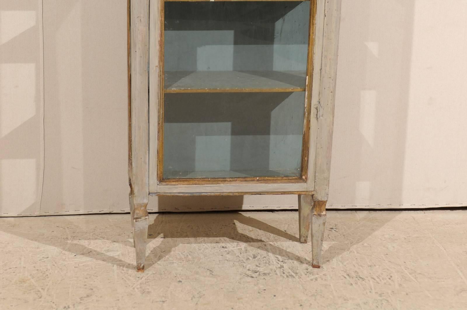 19th Century Tall Italian Display Cabinet with Original Grey Color, Gilded Accent