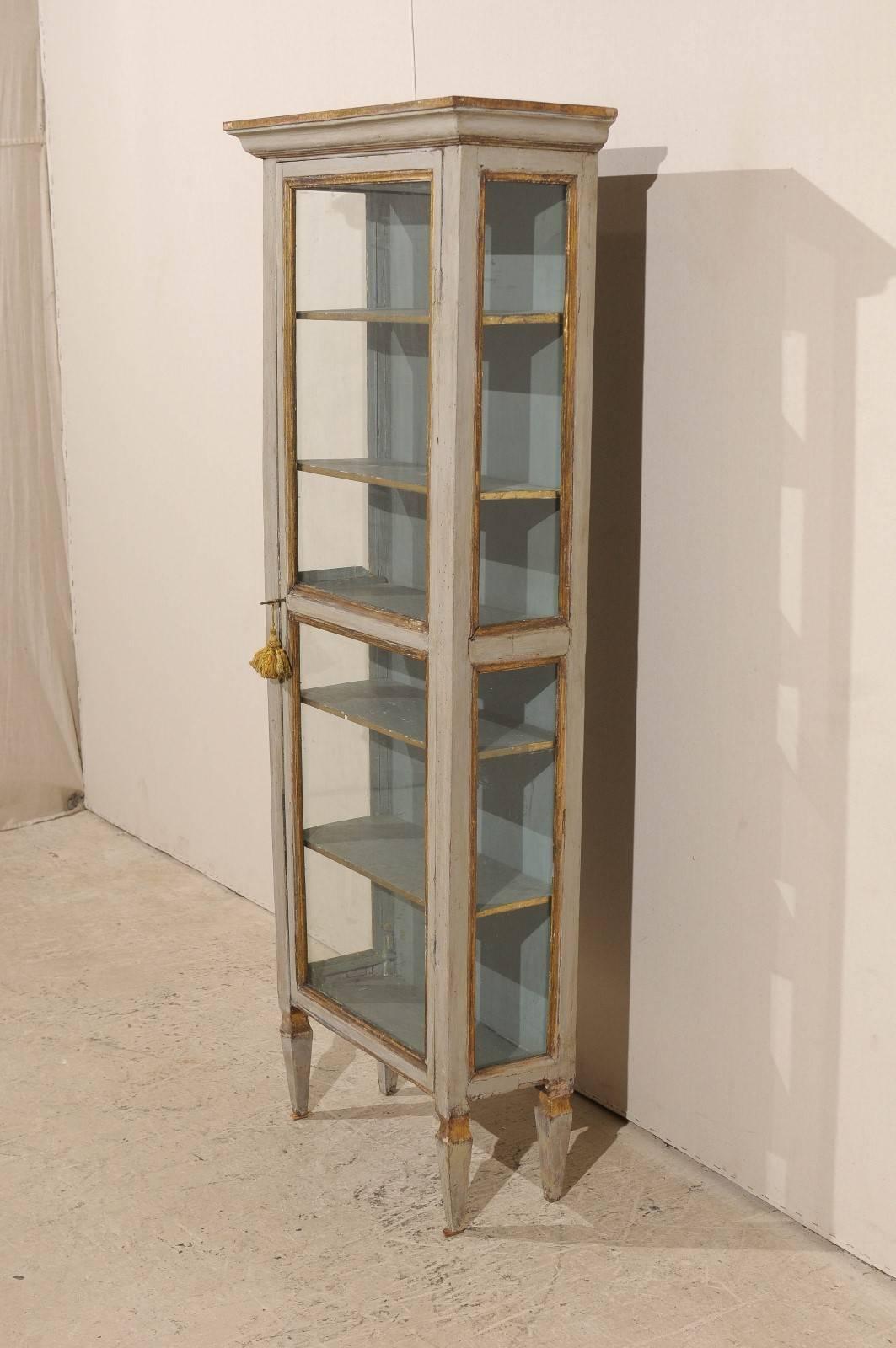 Tall Italian Display Cabinet with Original Grey Color, Gilded Accent In Good Condition In Atlanta, GA