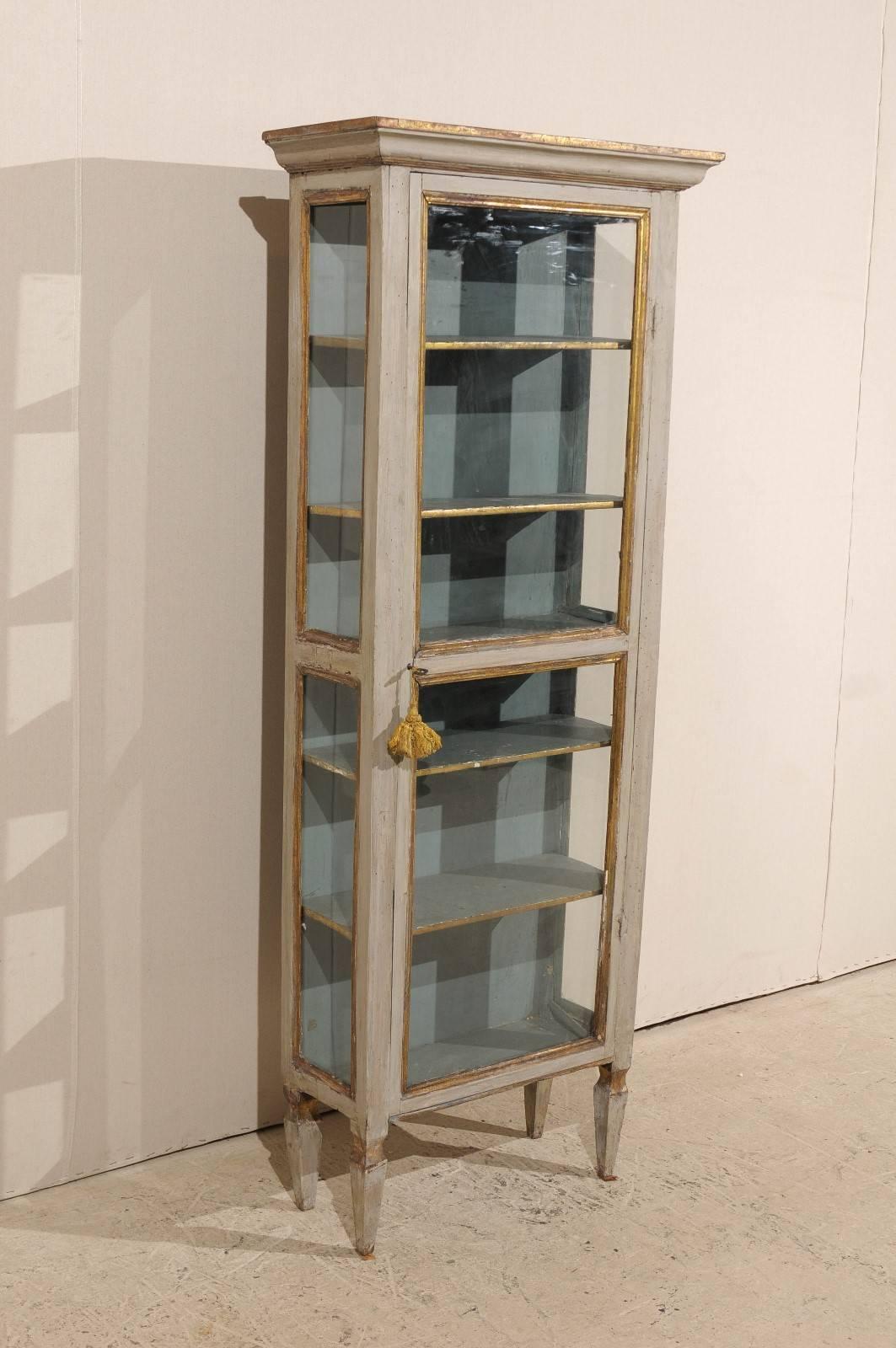 Tall Italian Display Cabinet with Original Grey Color, Gilded Accent 2