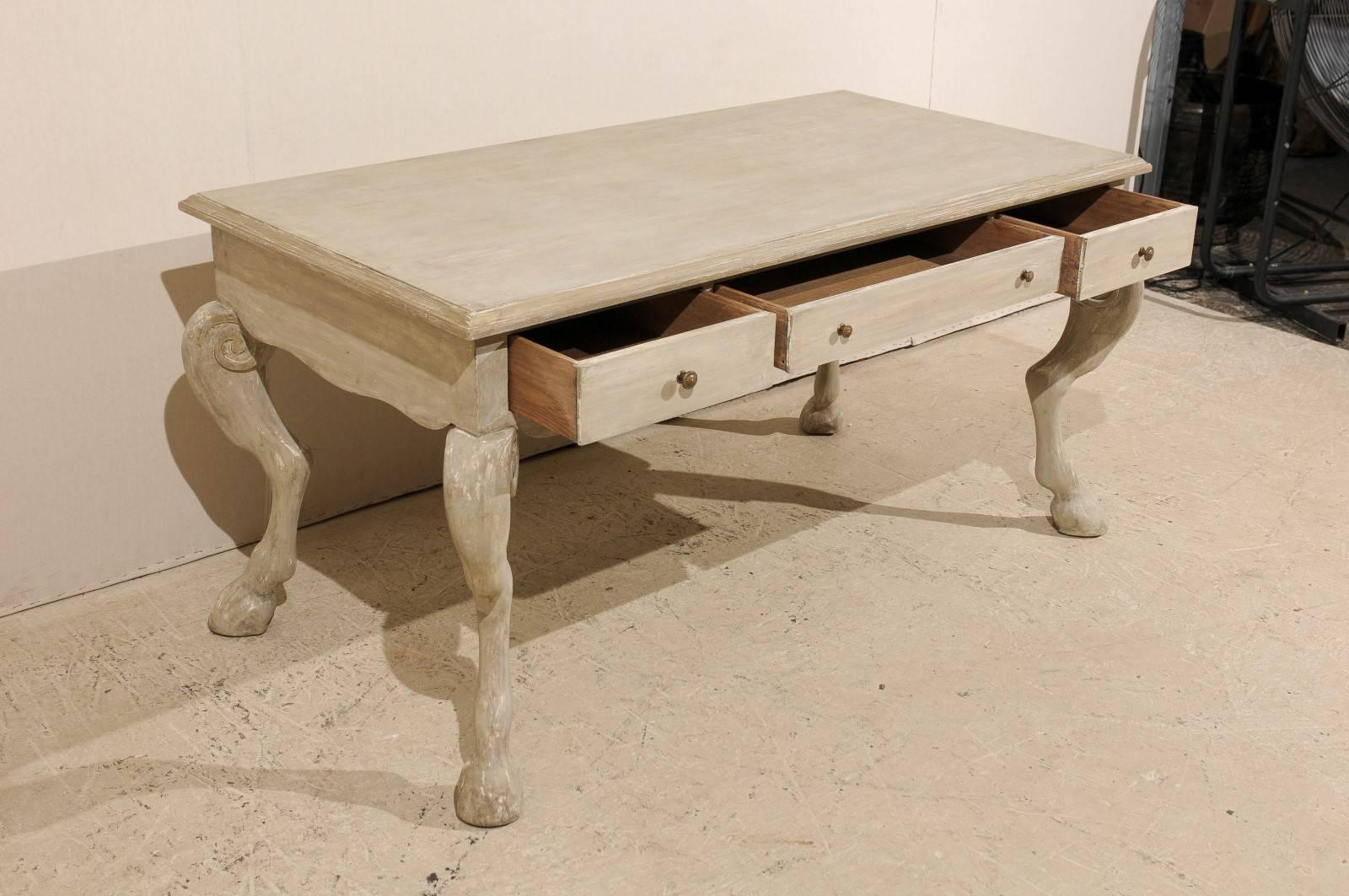 Unique Painted Wood Desk with Animal Legs and Hooved Feet of Grey-Green Color In Good Condition In Atlanta, GA