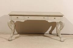 Unique Painted Wood Desk with Animal Legs and Hooved Feet of Grey-Green Color