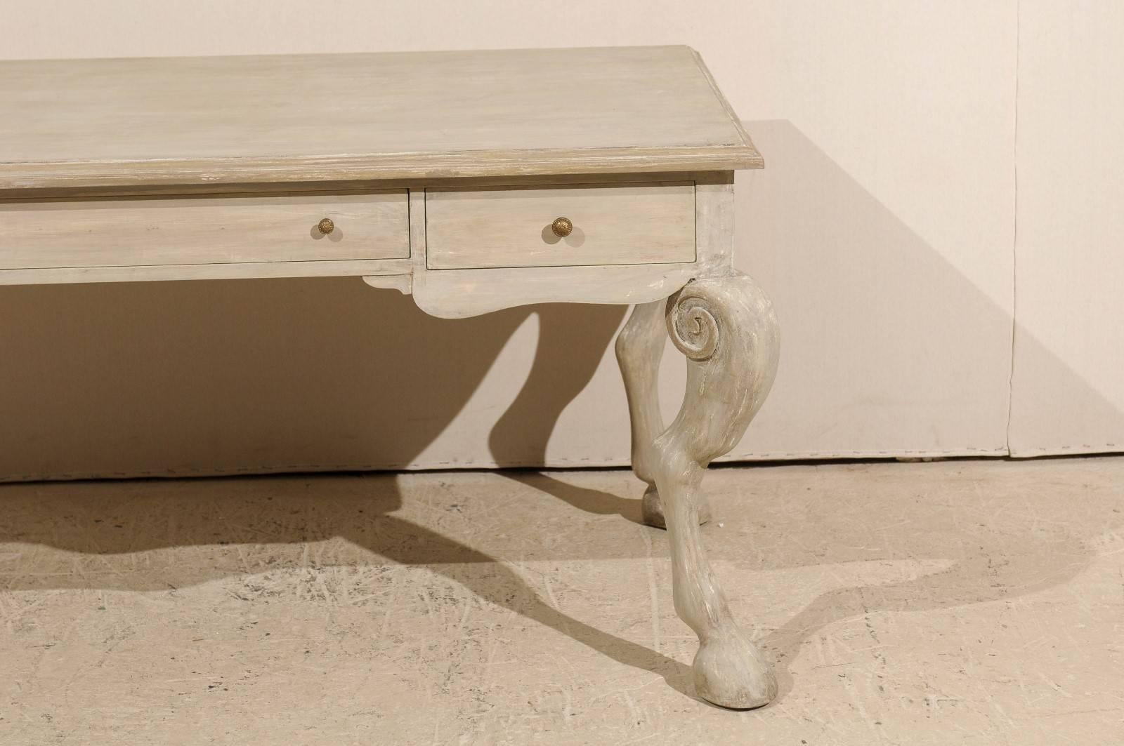 American Unique Painted Wood Desk with Animal Legs and Hooved Feet of Grey-Green Color