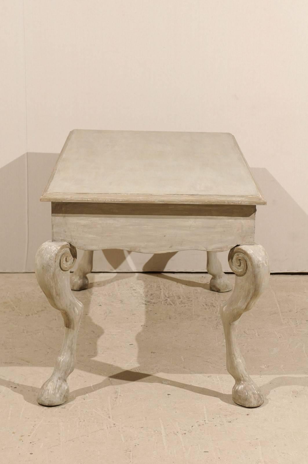 20th Century Unique Painted Wood Desk with Animal Legs and Hooved Feet of Grey-Green Color