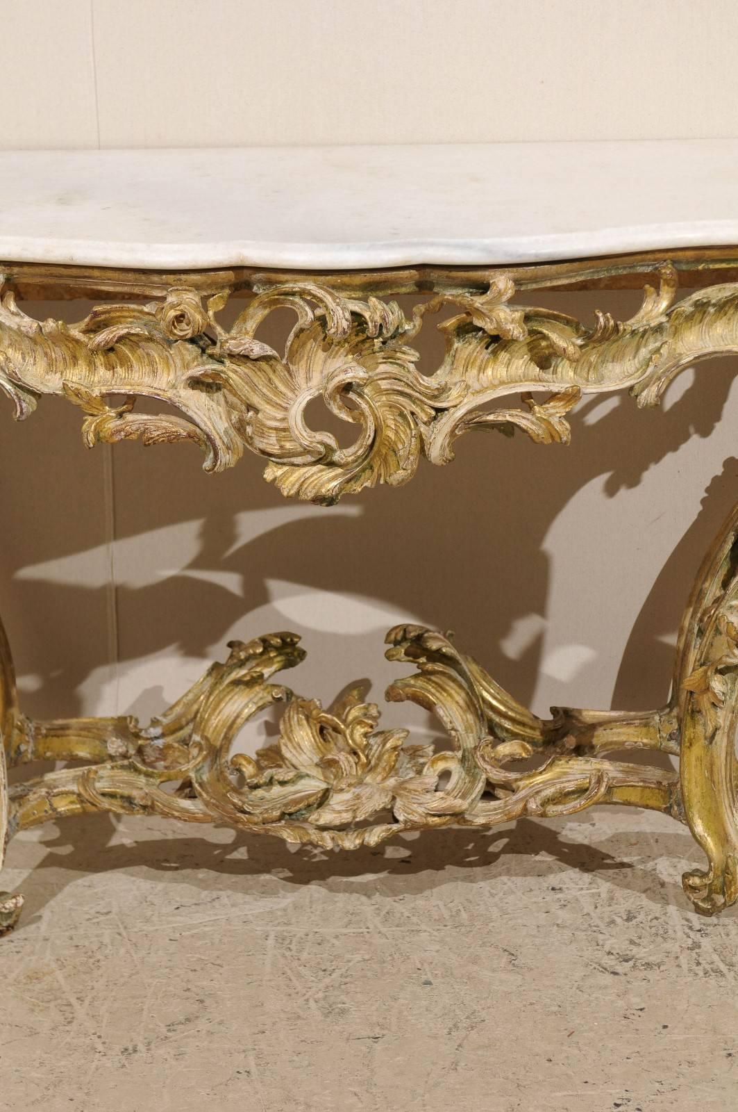Rococo 18th C. French Elaborate Rocaille Carved & Gilt-Wood Console Table w/ Marble Top