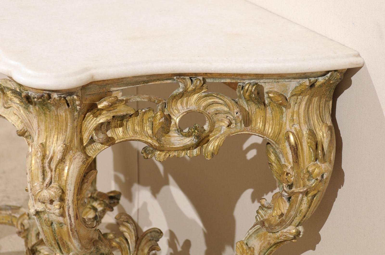 18th C. French Elaborate Rocaille Carved & Gilt-Wood Console Table w/ Marble Top 1