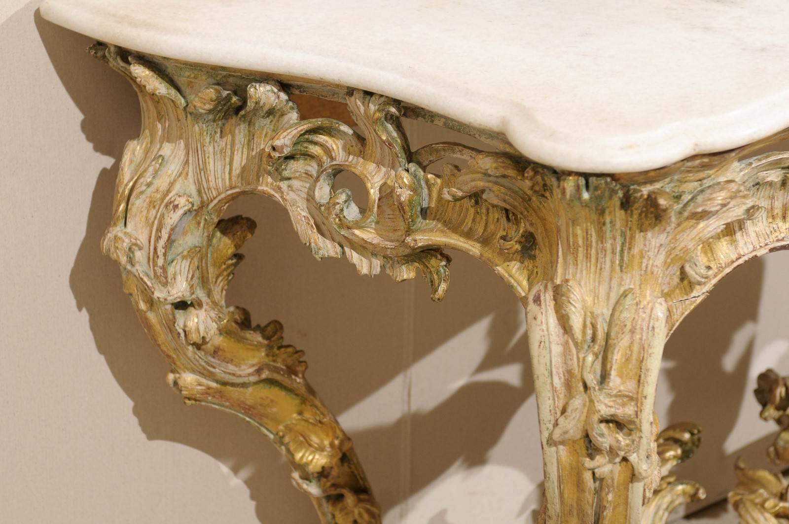 18th C. French Elaborate Rocaille Carved & Gilt-Wood Console Table w/ Marble Top 2