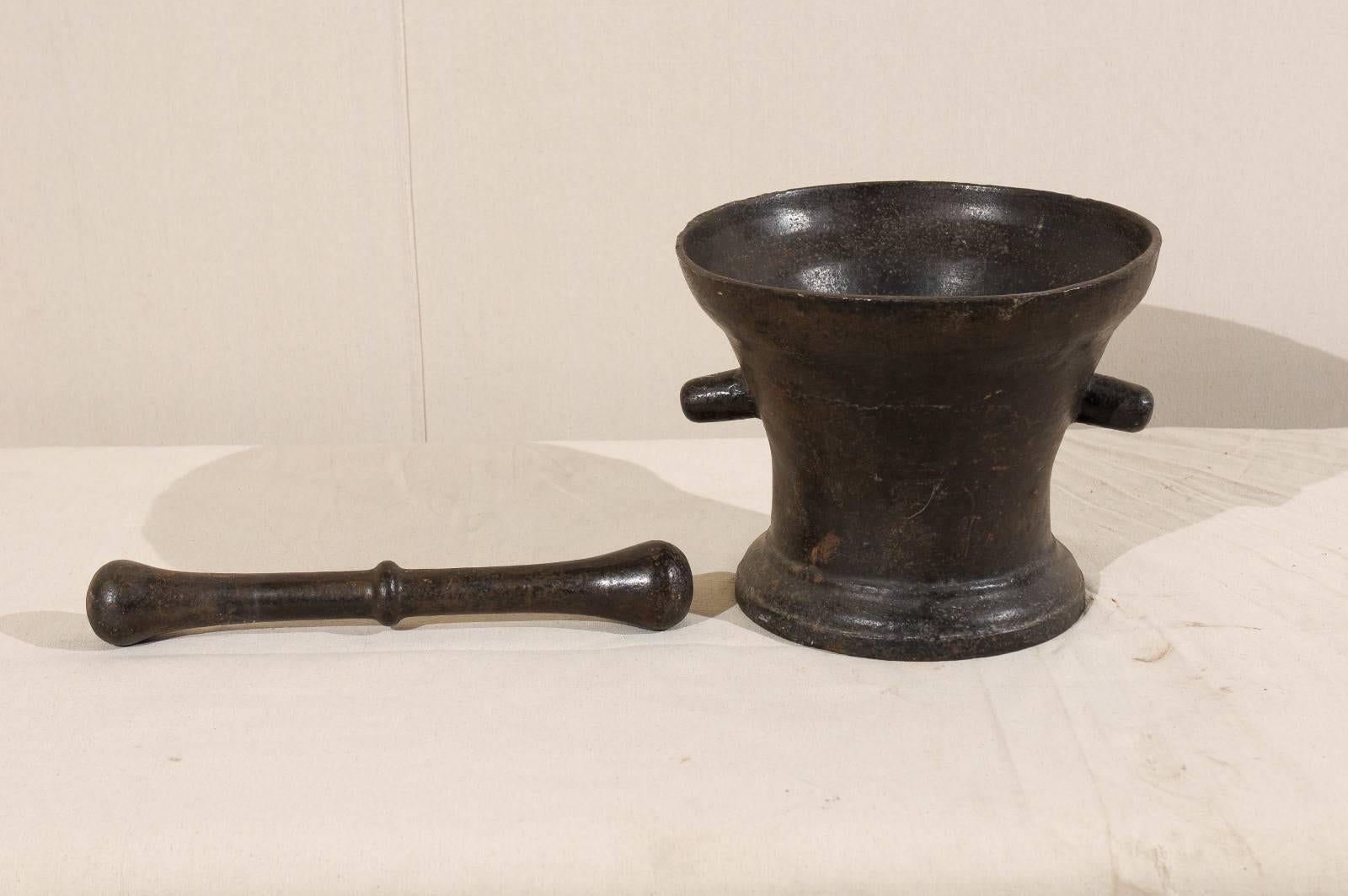 Patinated Italian, 18th Century Iron Mortar and Pestle, Two Handles and Nice Patina