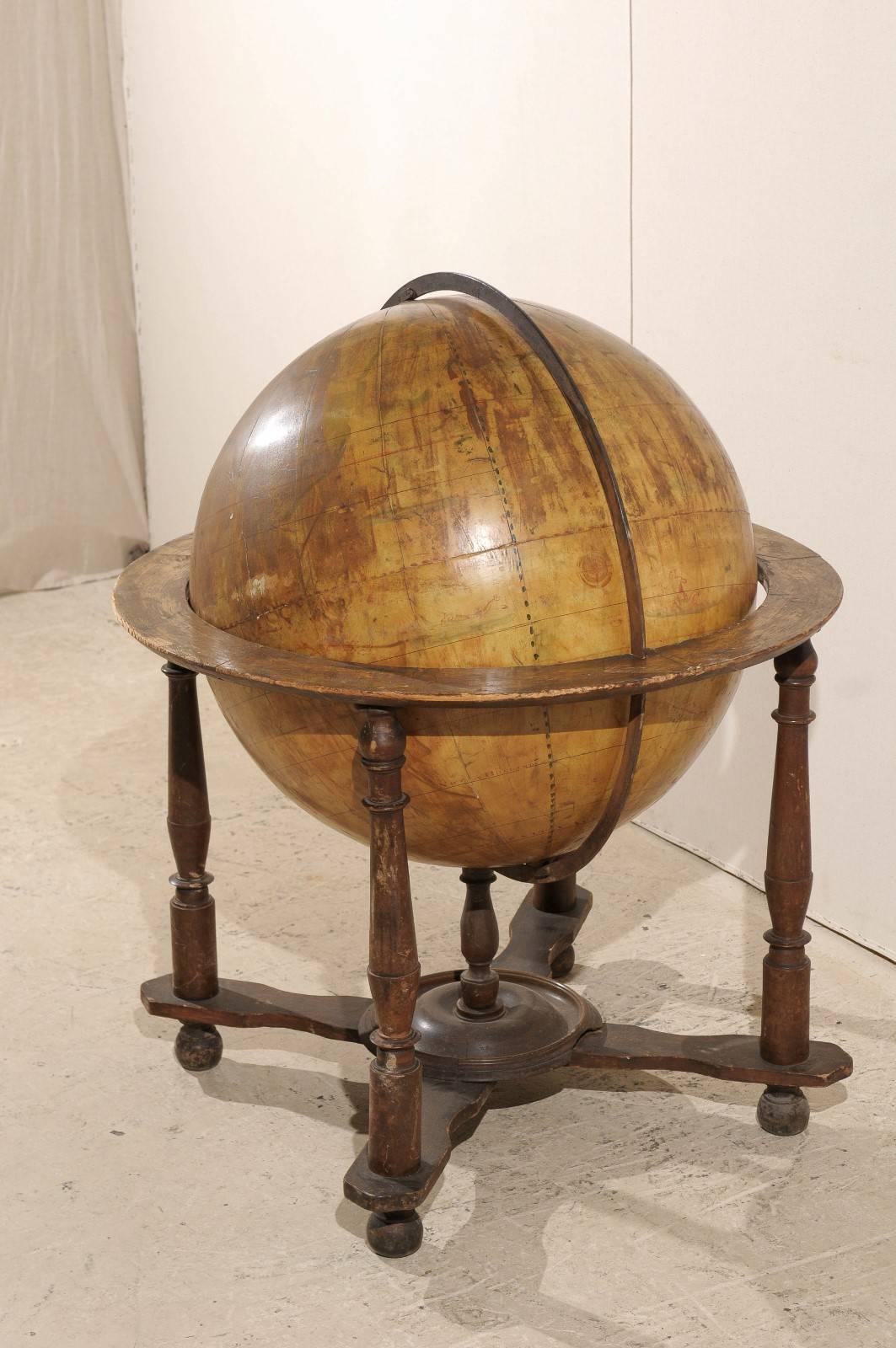 19th Century A Large-Sized Italian Heavily Foxed Velum Covered Globe on Wood Stand, 19th C.  For Sale