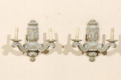 Pair of French Carved and Two-Toned Painted Wood Sconces with Acanthus Leafs