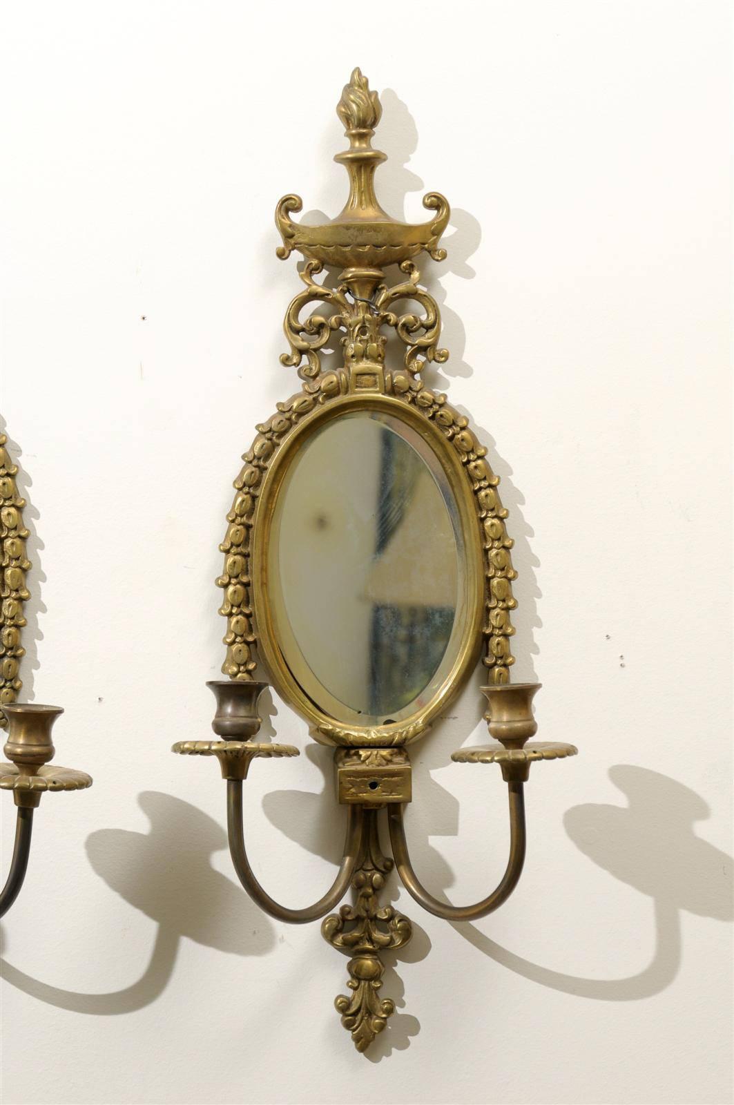 Pair of Early 20th Century Gilded Sconces with Oval Shape and Beveled Mirror In Good Condition In Atlanta, GA