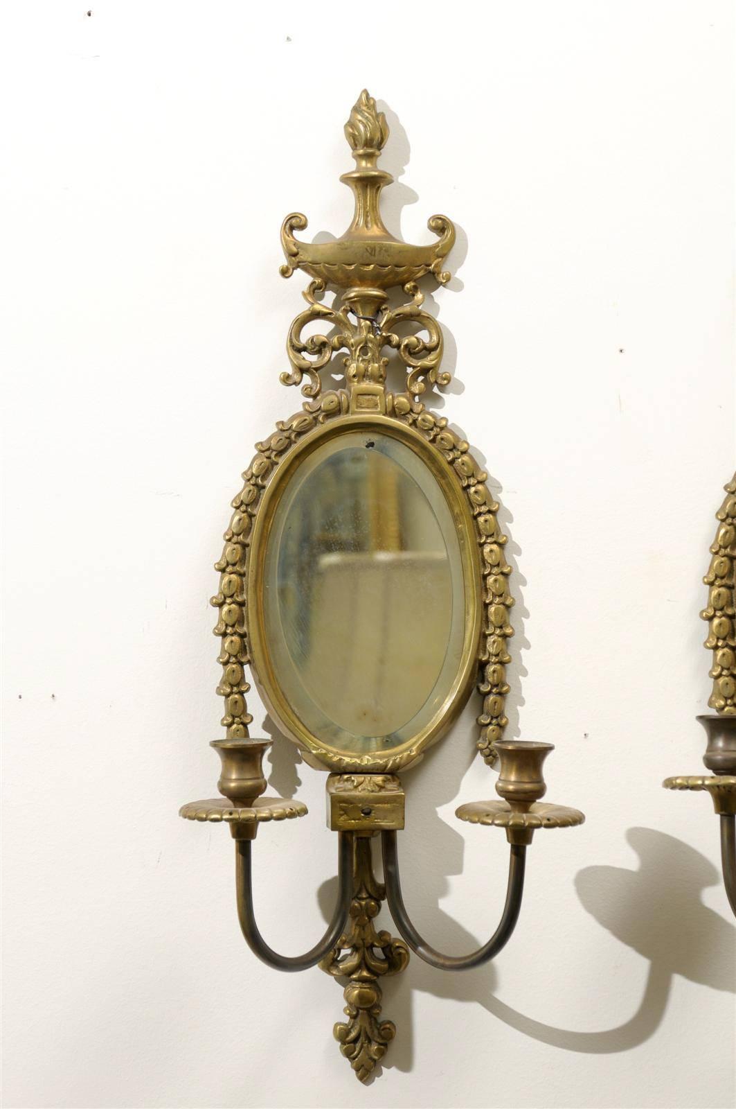 Pair of Early 20th Century Gilded Sconces with Oval Shape and Beveled Mirror 1