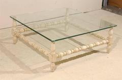 Square Shaped Glass Top Table with Bleached Wood Base and Turned Legs