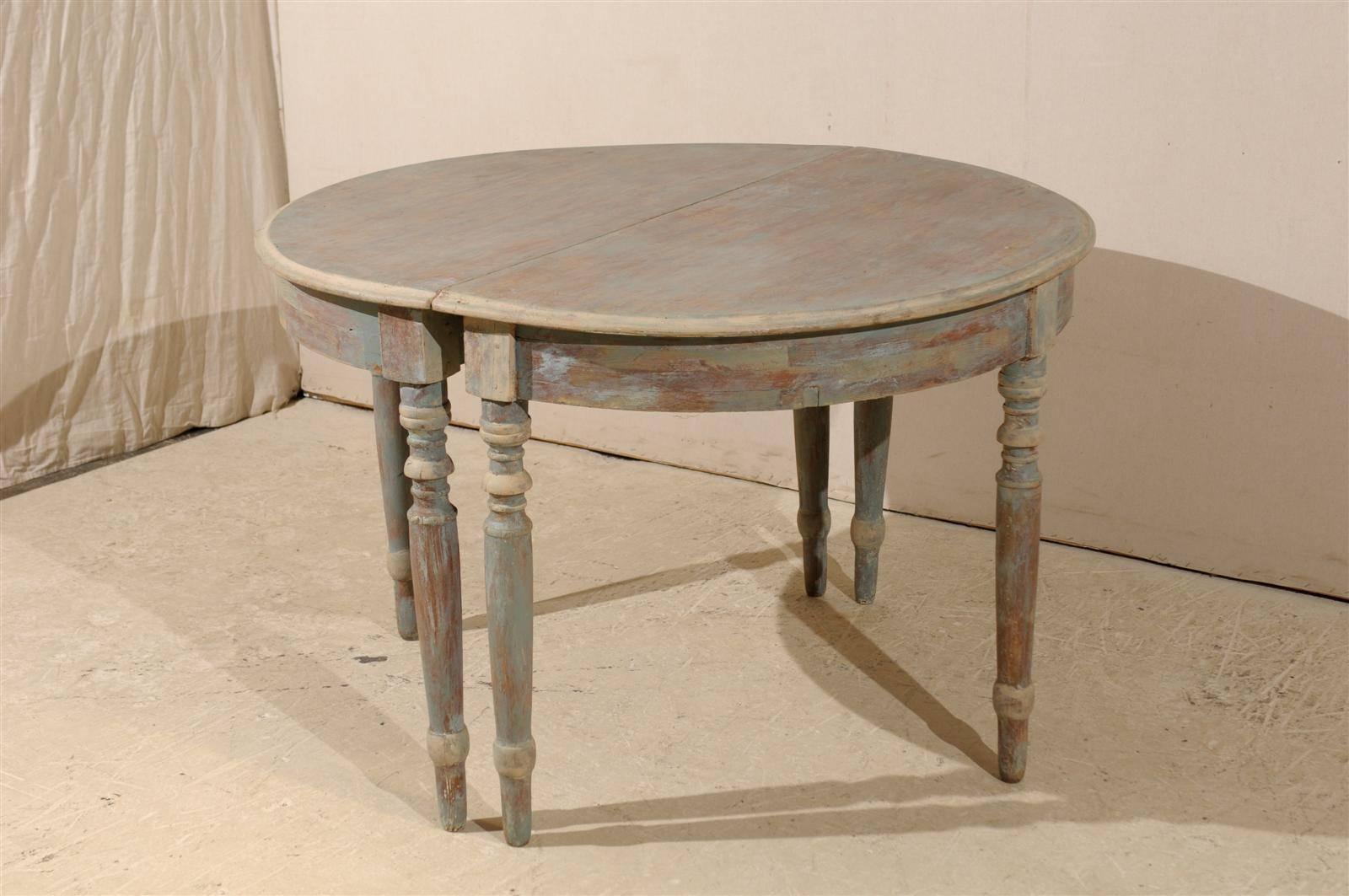 Pair of Swedish 19th Century Painted Wood Demilune Tables, Light Blue-Green 2
