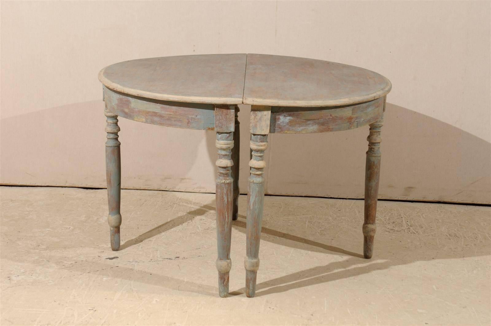 Pair of Swedish 19th Century Painted Wood Demilune Tables, Light Blue-Green 1