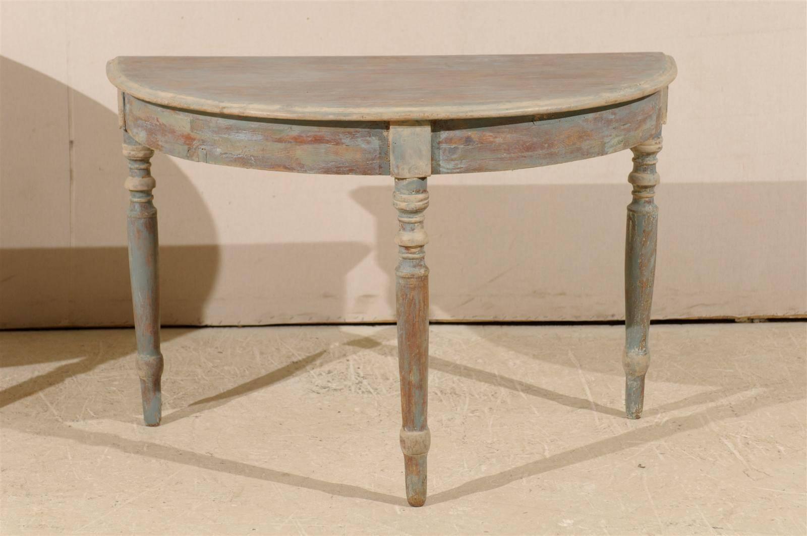 Pair of Swedish 19th Century Painted Wood Demilune Tables, Light Blue-Green 3