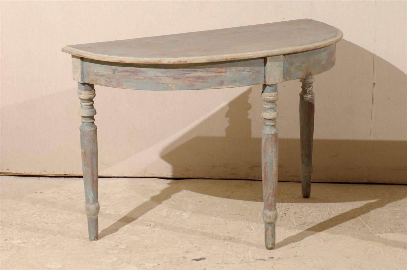 Pair of Swedish 19th Century Painted Wood Demilune Tables, Light Blue-Green 4