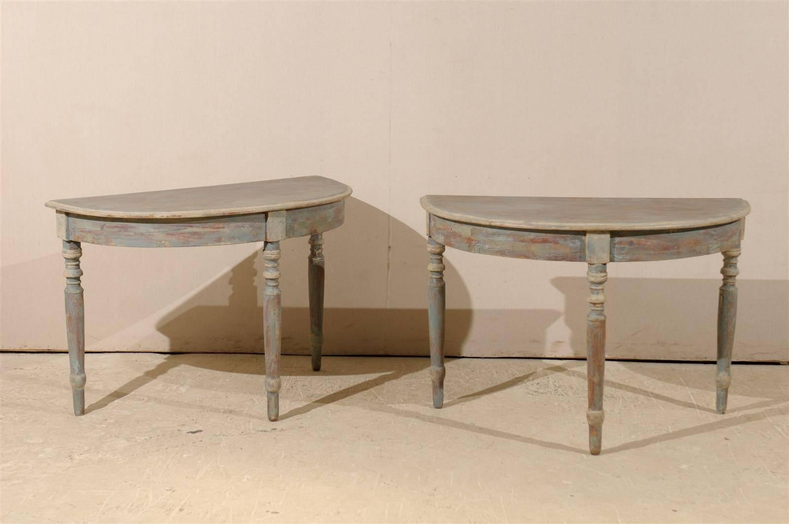 Pair of Swedish 19th Century Painted Wood Demilune Tables, Light Blue-Green In Good Condition In Atlanta, GA