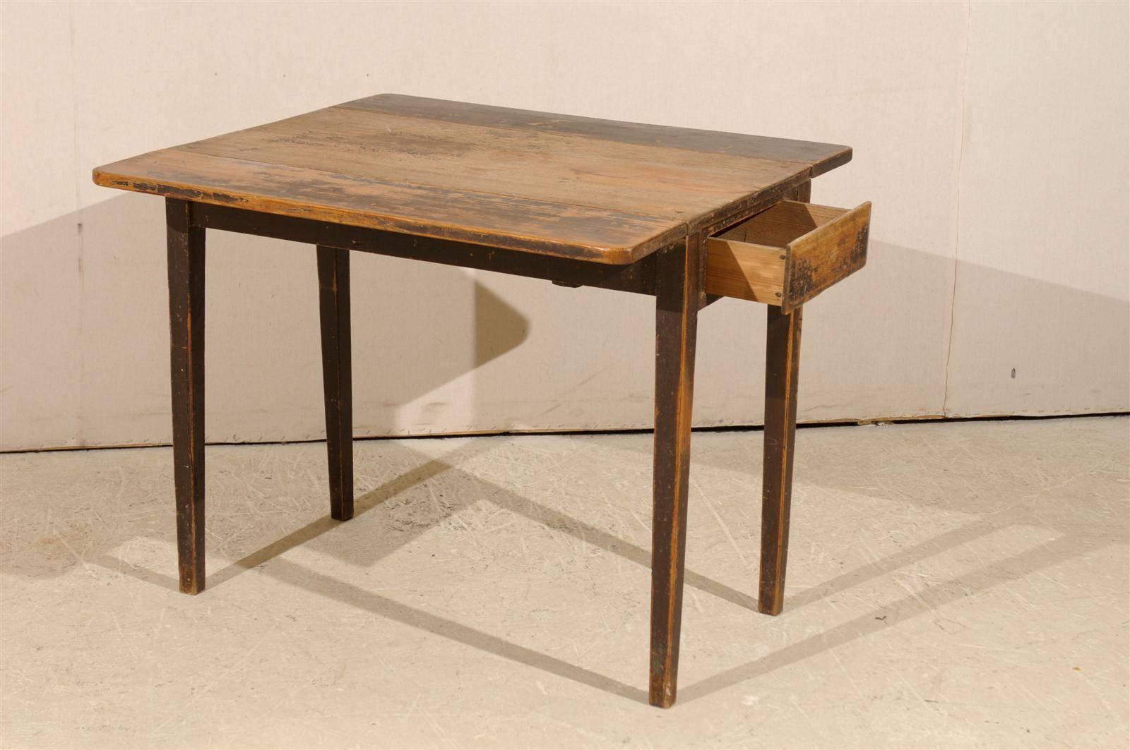 Wood Swedish Drop-Leaf Table with Single Drawer and Tapered Legs, 19th Century