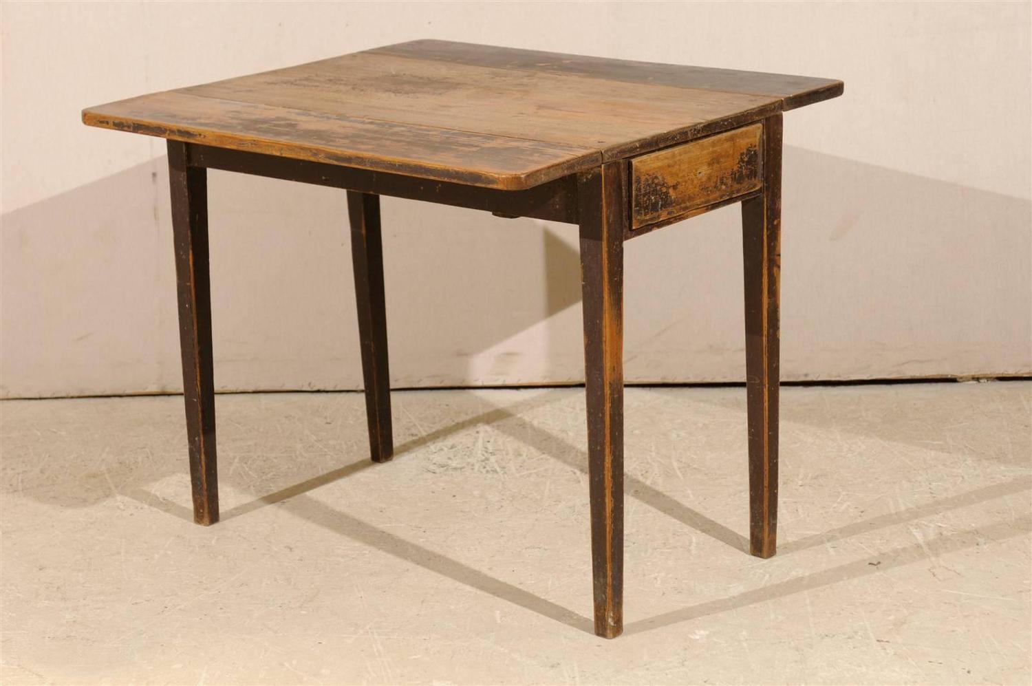 Swedish DropLeaf Table with Single Drawer and Tapered Legs, 19th
