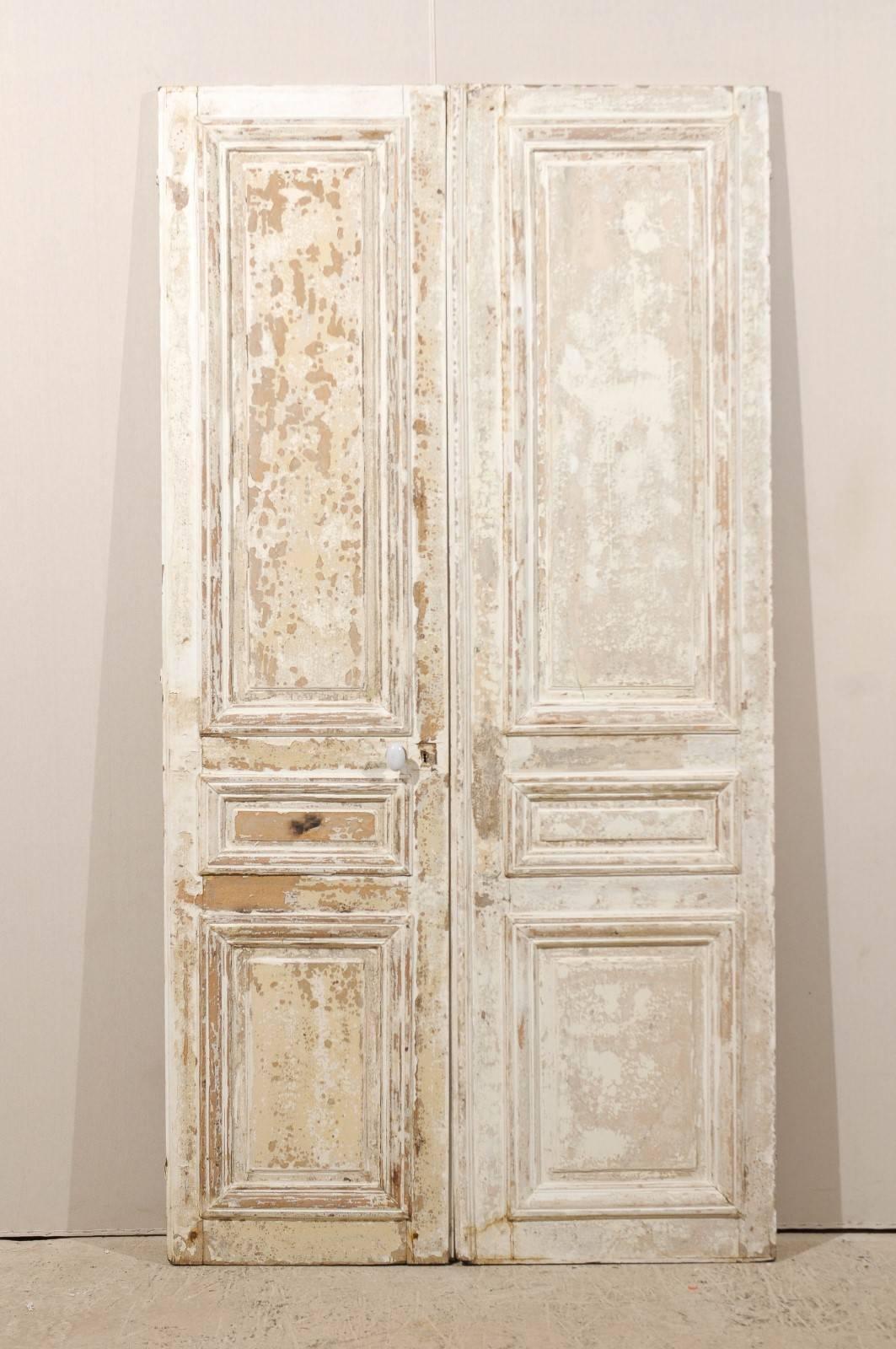 Painted Pair of Aged Tall French Doors with Nice Old Hardware from the Mid-19th Century