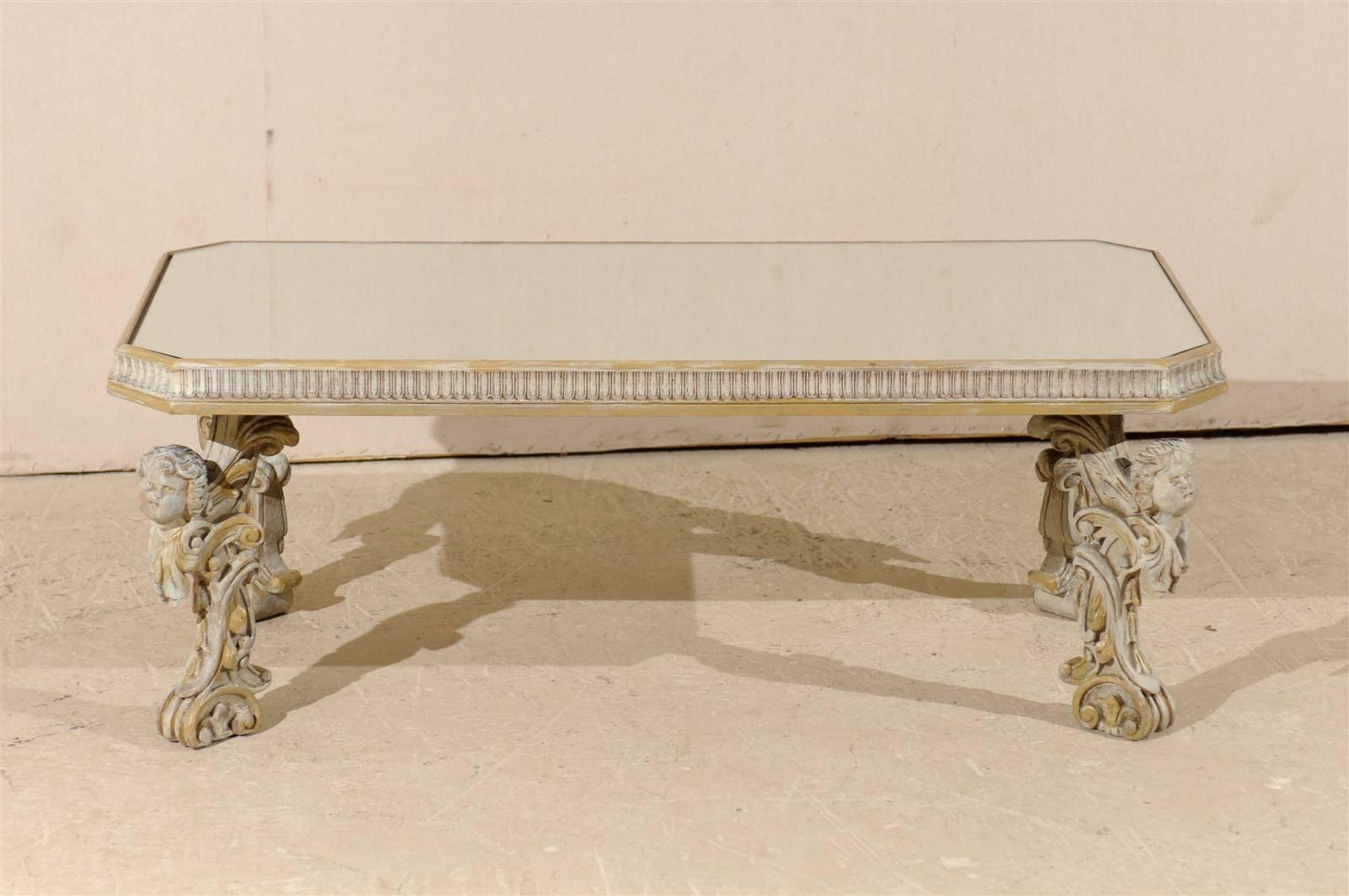 Italian Mirrored Top Coffee Table with Ornate Putti Carved Legs, Circa 1920s For Sale 1