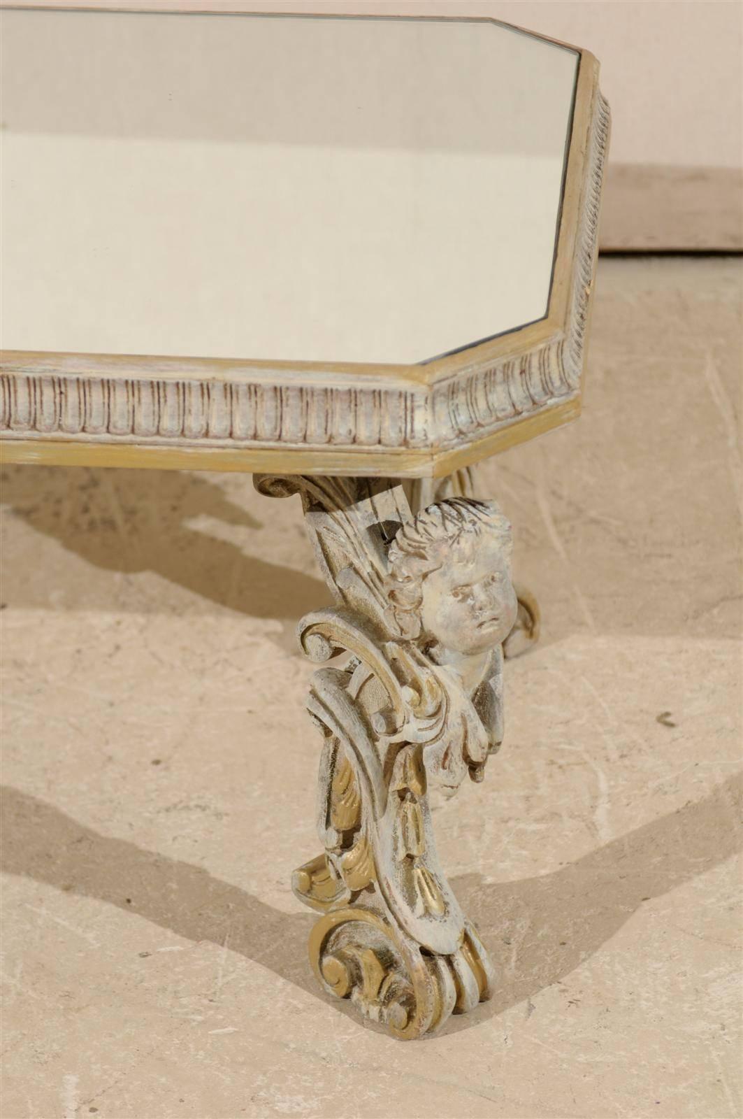 Italian Mirrored Top Coffee Table with Ornate Putti Carved Legs, Circa 1920s For Sale 2