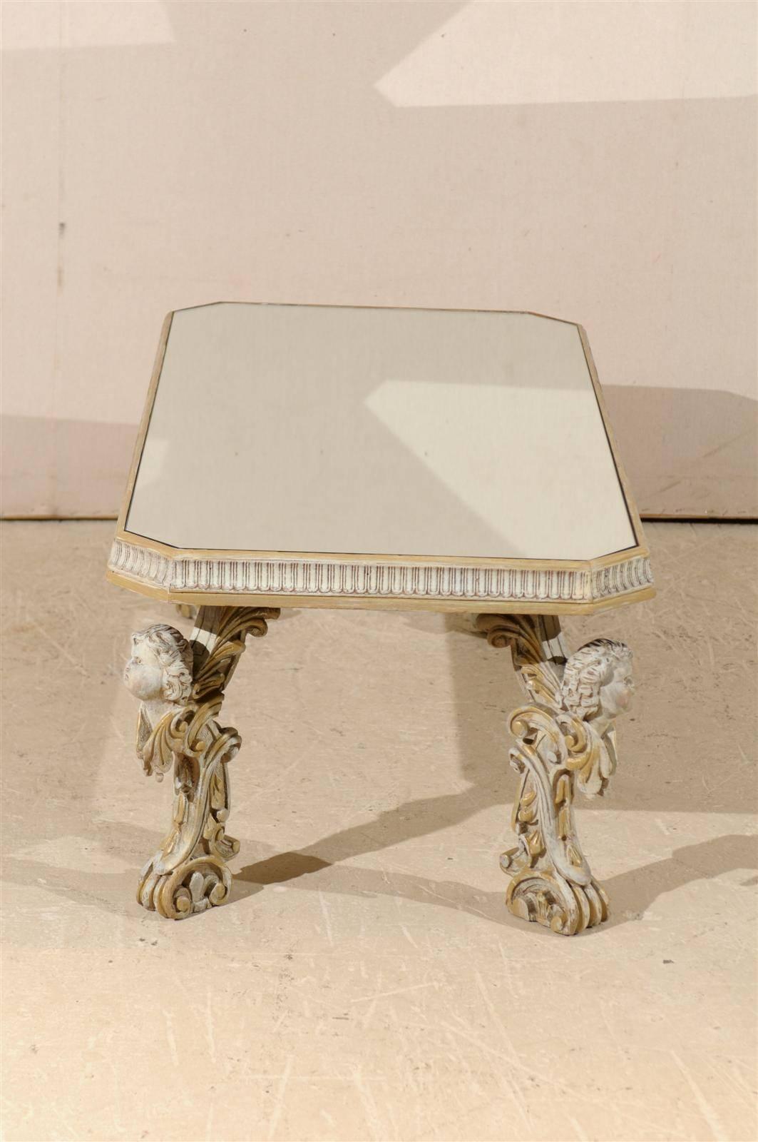 Italian Mirrored Top Coffee Table with Ornate Putti Carved Legs, Circa 1920s For Sale 3