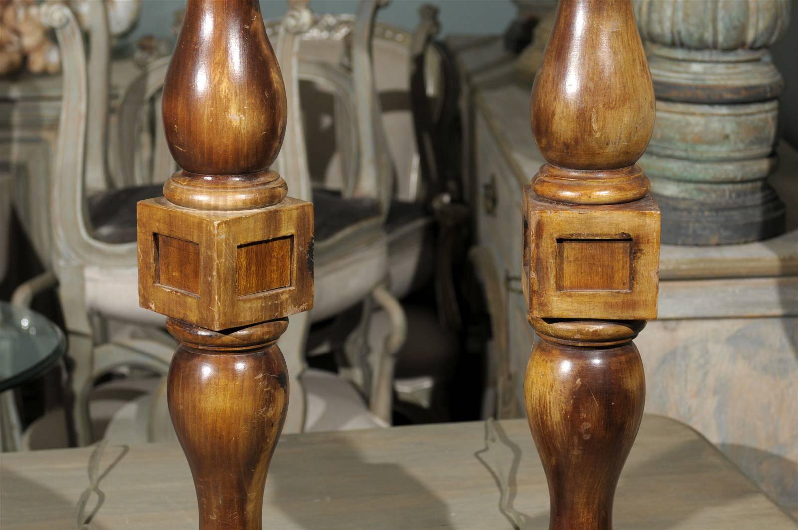 Pair of Brown Stained Wood Turned Banister Table Lamps In Good Condition For Sale In Atlanta, GA