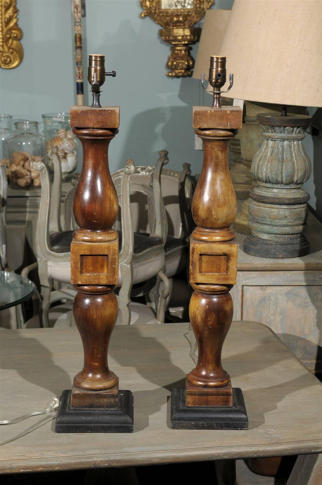 Pair of Brown Stained Wood Turned Banister Table Lamps For Sale 1