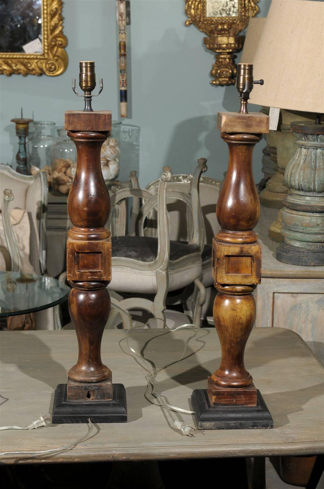 Pair of Brown Stained Wood Turned Banister Table Lamps For Sale 2