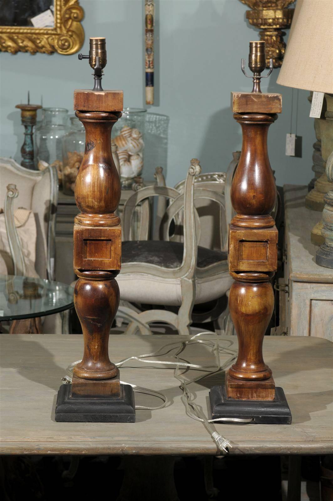 Pair of Brown Stained Wood Turned Banister Table Lamps For Sale 3