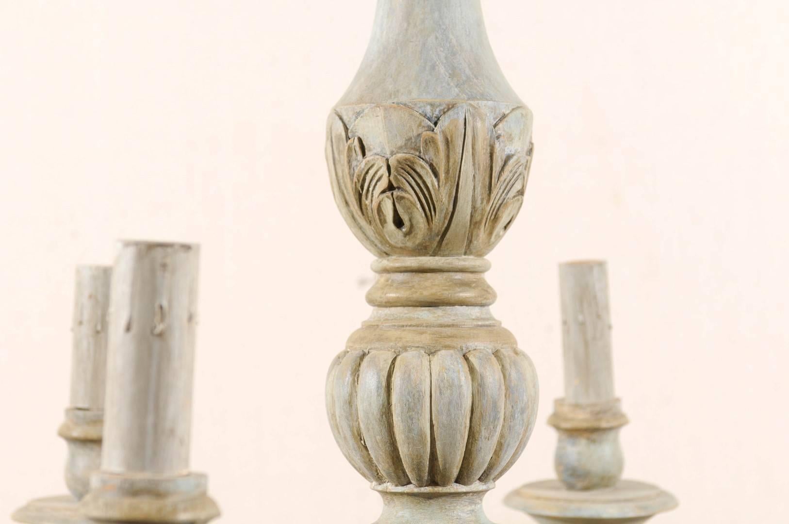 20th Century French Vintage Painted Wood Six-Light Chandelier with Acanthus Leaf Motifs