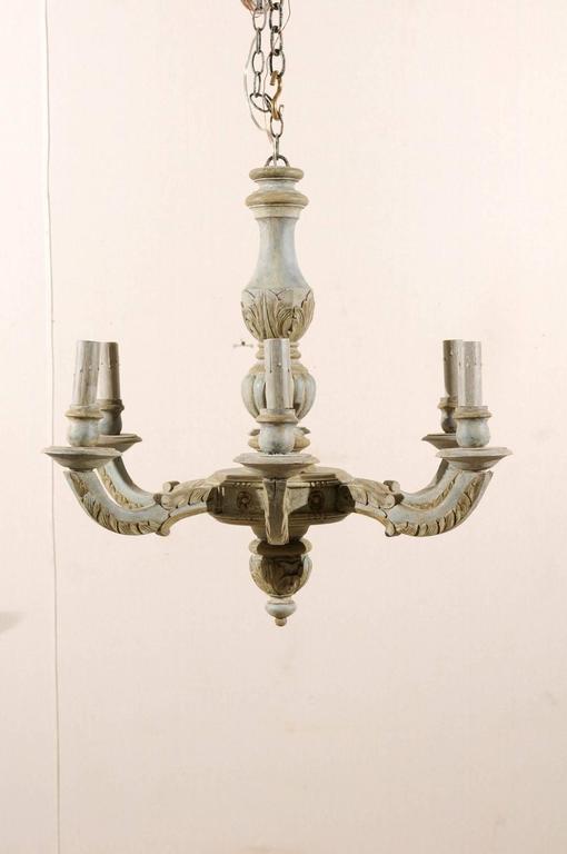 French Vintage Painted Wood Six Light Chandelier With Acanthus Leaf Carved French Vintage Painted Wood Six Light Chandelier With Acanthus Leaf Motifs For
