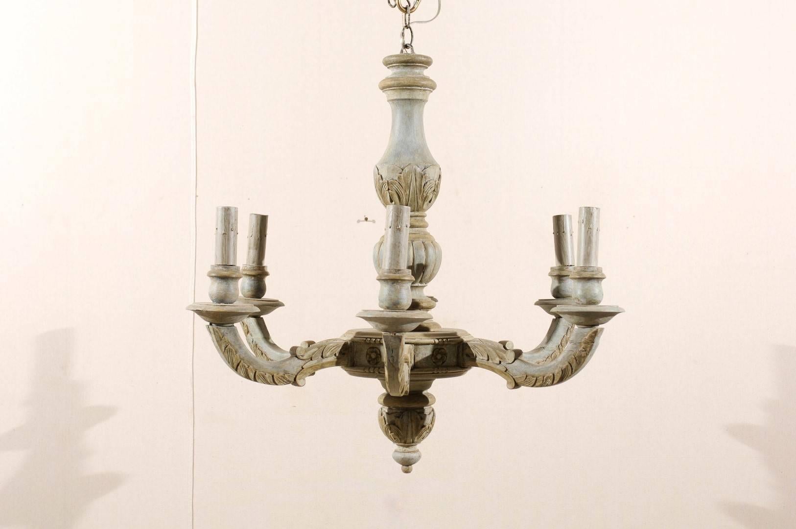 Carved French Vintage Painted Wood Six-Light Chandelier with Acanthus Leaf Motifs
