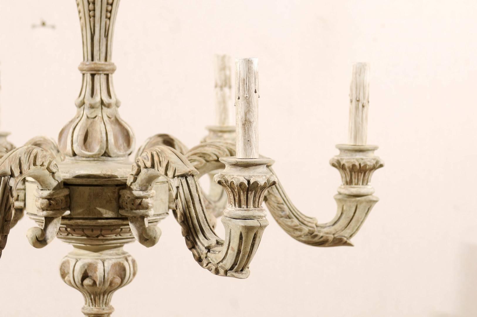 French Six-Light Carved Wood Chandelier with Scroll Arms in Grey-Green Hues In Good Condition In Atlanta, GA