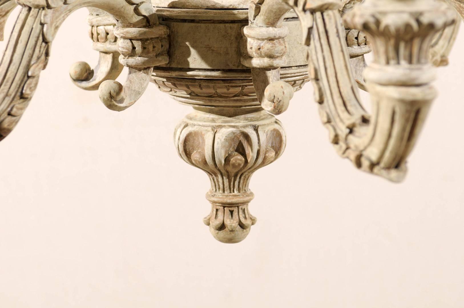 French Six-Light Carved Wood Chandelier with Scroll Arms in Grey-Green Hues 1
