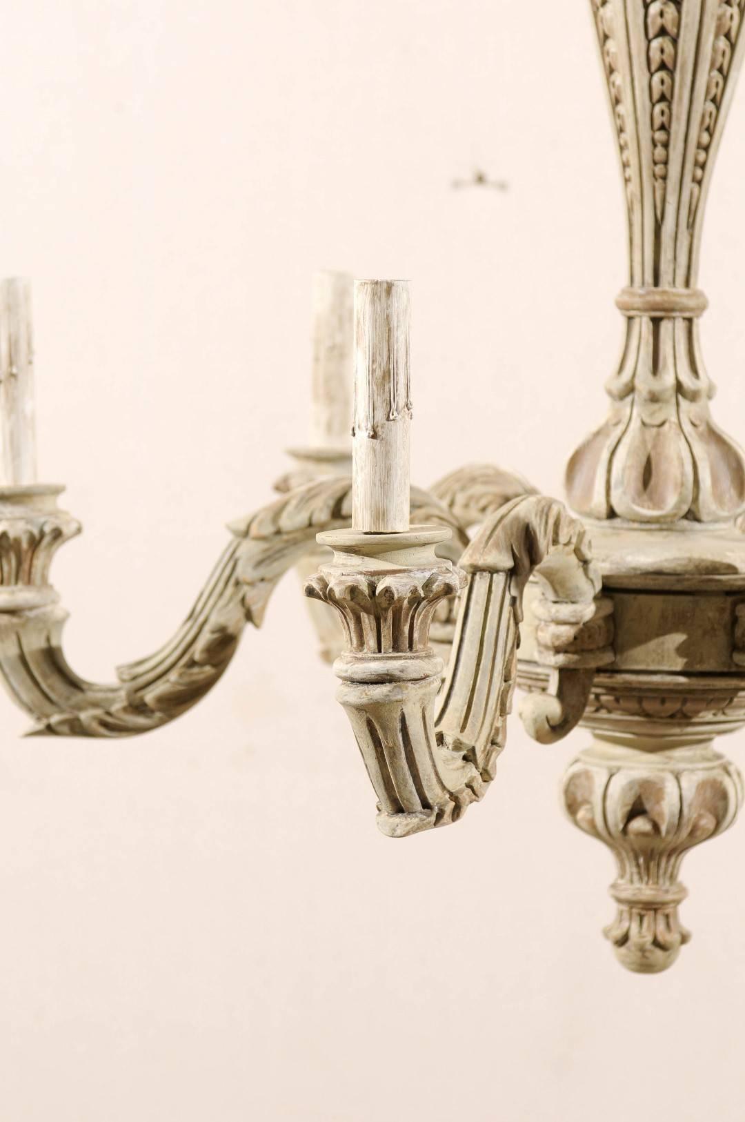 French Six-Light Carved Wood Chandelier with Scroll Arms in Grey-Green Hues 2