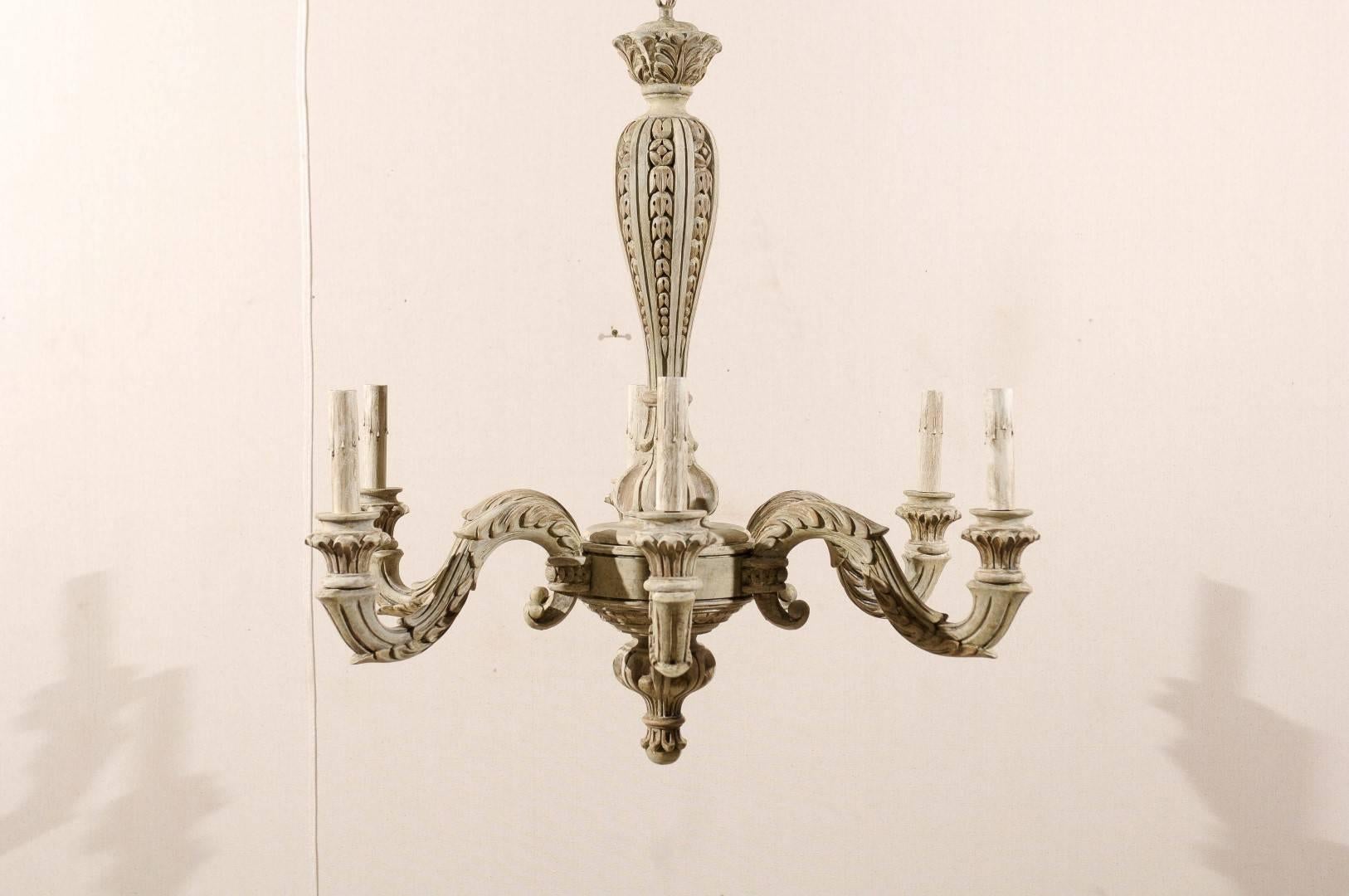 French Six-Light Carved Wood Chandelier with Scroll Arms in Grey-Green Hues 3