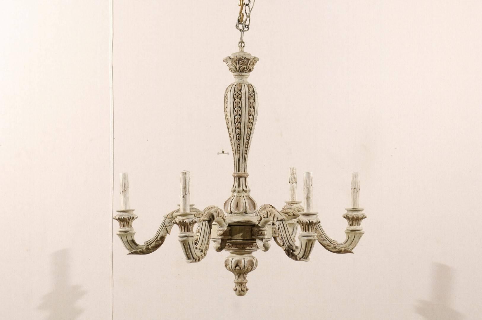 French Six-Light Carved Wood Chandelier with Scroll Arms in Grey-Green Hues 4