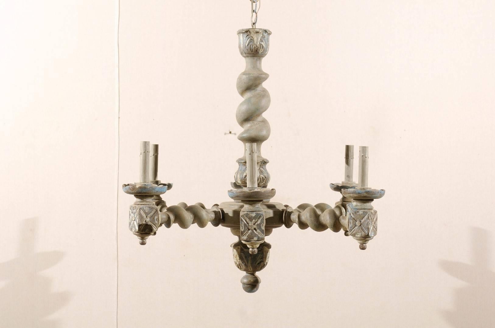 Carved French Six-Light Barley Twist Chandelier with Central Column and Acanthus Leaves