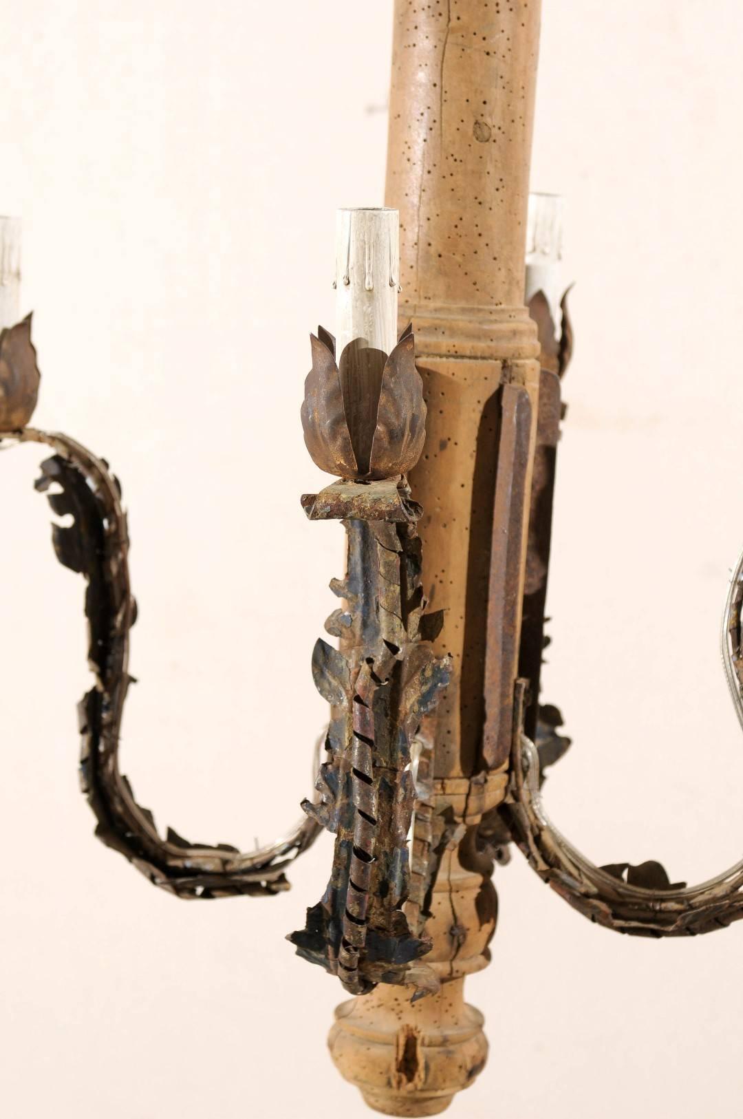 Italian Early 20th Century Chandelier Made of Metal and a Wood Fragment 1