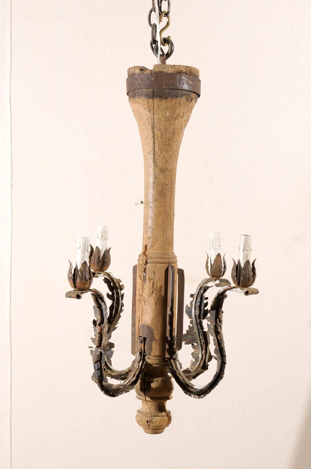 Carved Italian Early 20th Century Chandelier Made of Metal and a Wood Fragment